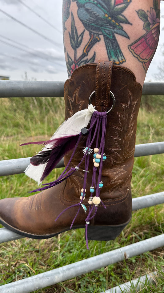 BC0010 Purple feather & bead boho cowgirl large loop tassel