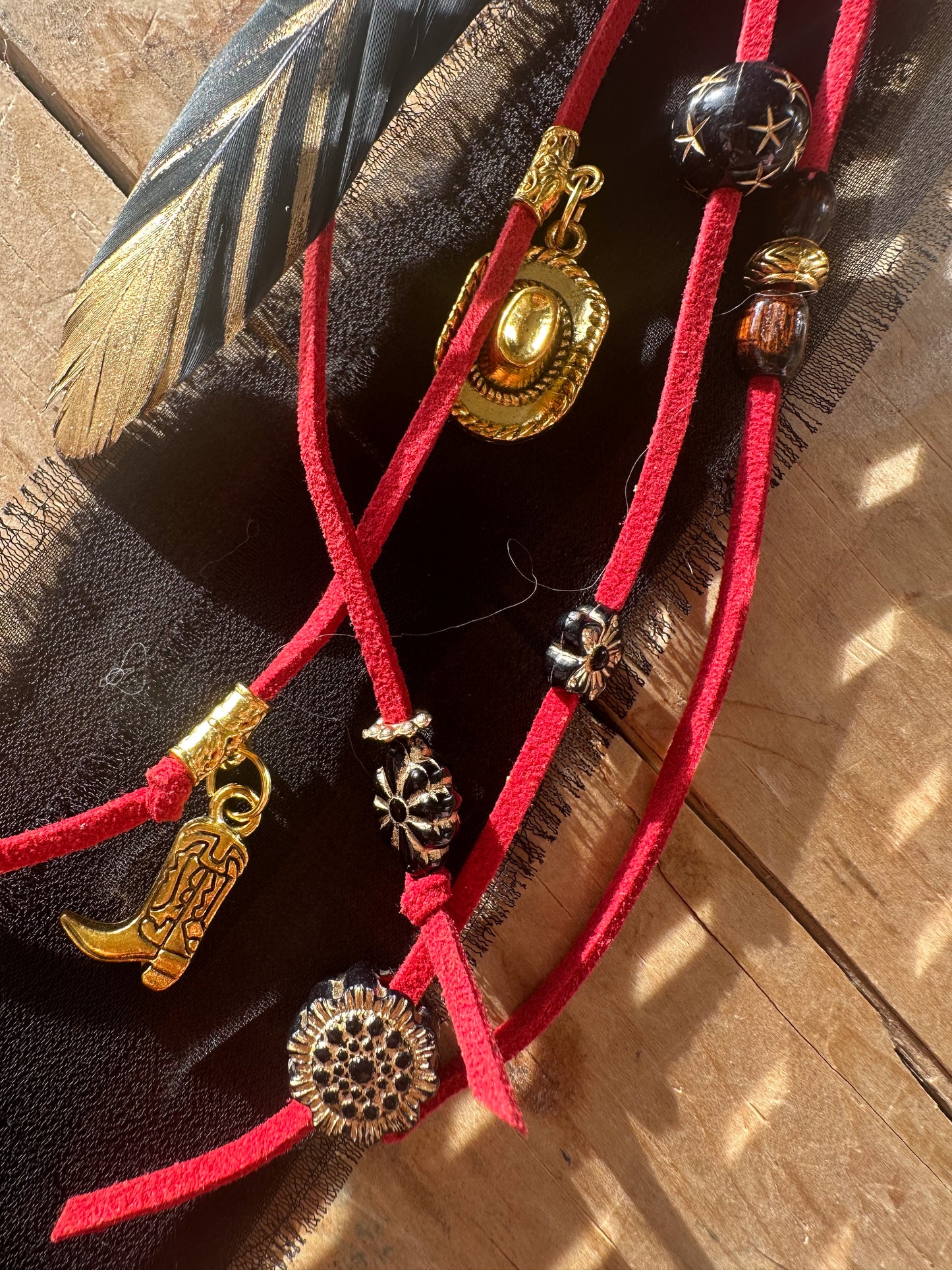BC0005 Red, black & gold beaded boho cowgirl loop tassel