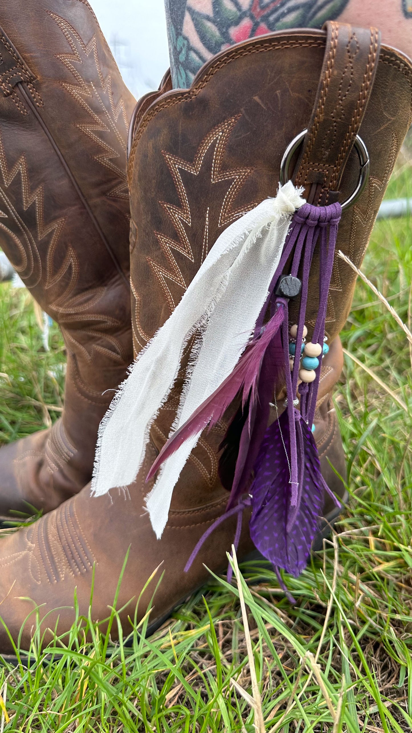 BC0010 Purple feather & bead boho cowgirl large loop tassel