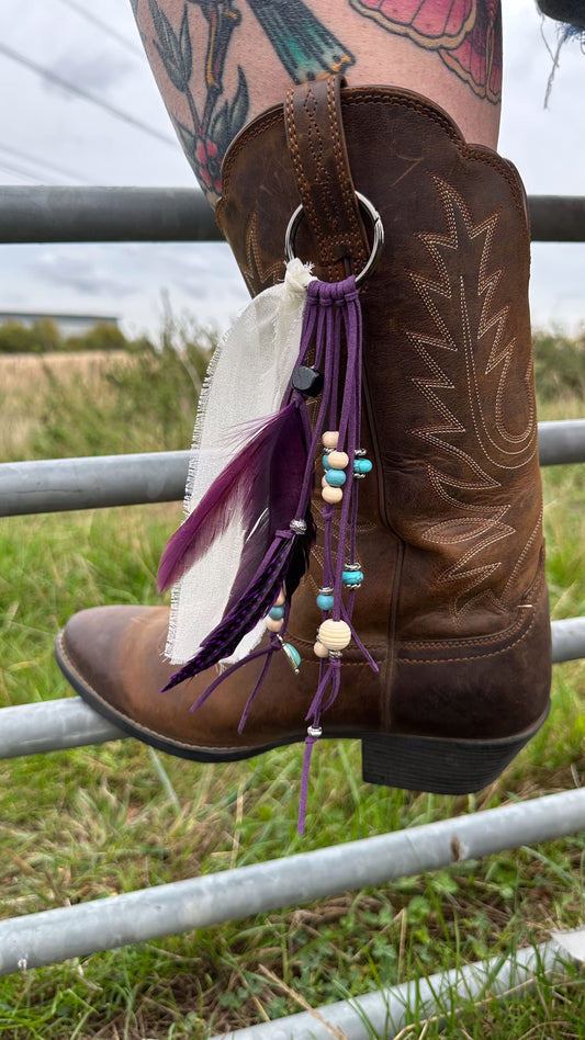 BC0010 Purple feather & bead boho cowgirl large loop tassel