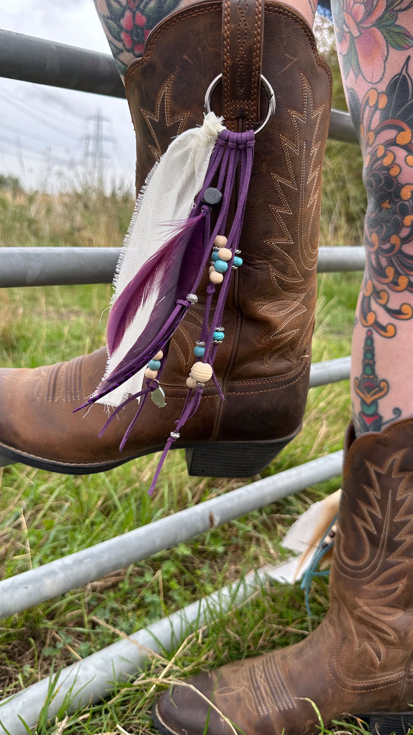 BC0010 Purple feather & bead boho cowgirl large loop tassel