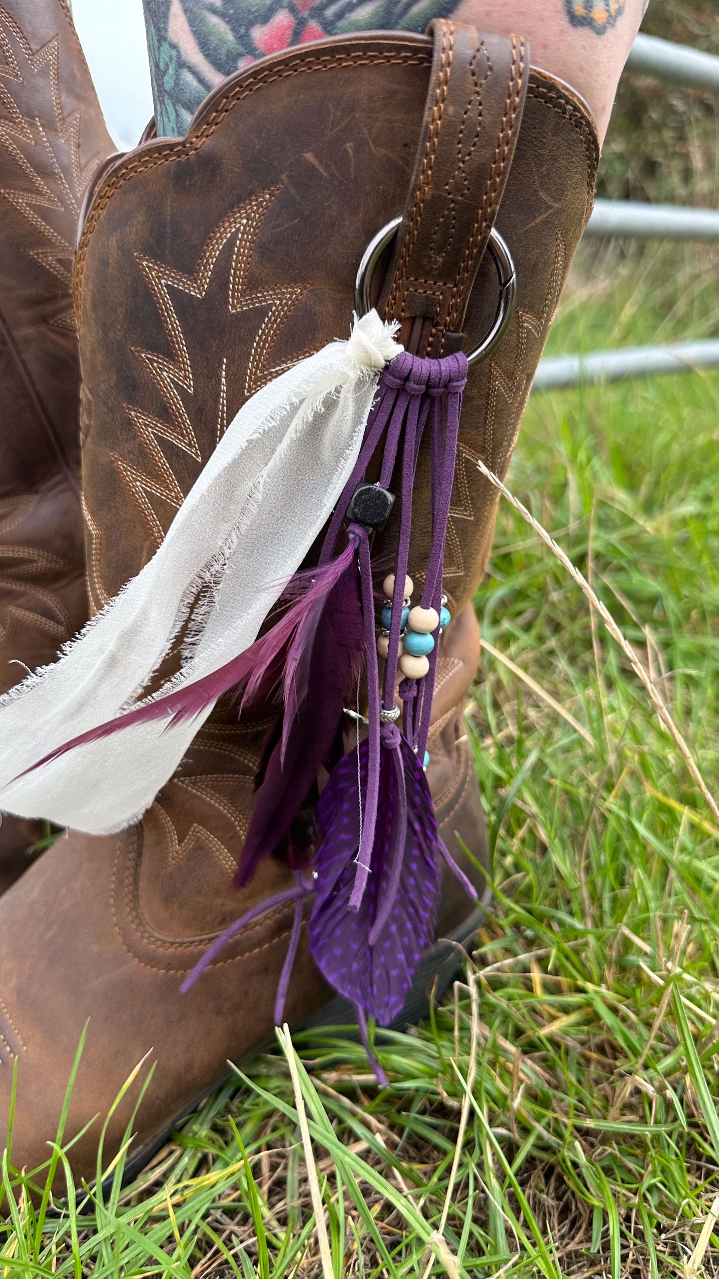 BC0010 Purple feather & bead boho cowgirl large loop tassel