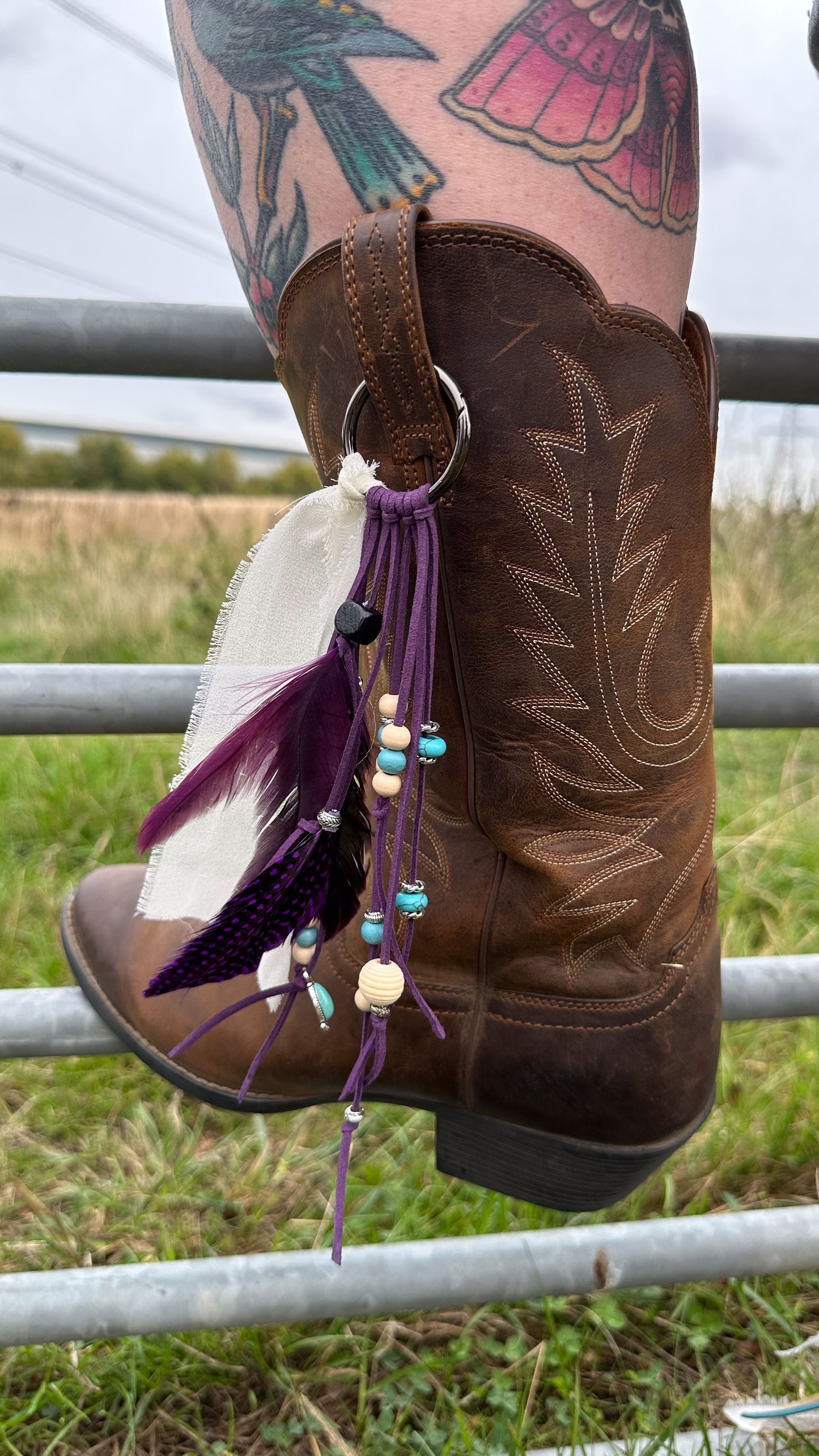 BC0010 Purple feather & bead boho cowgirl large loop tassel