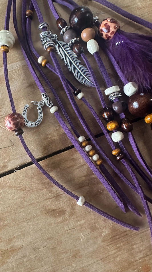 BC0029 Purple feather & bead boho cowgirl loop tassel