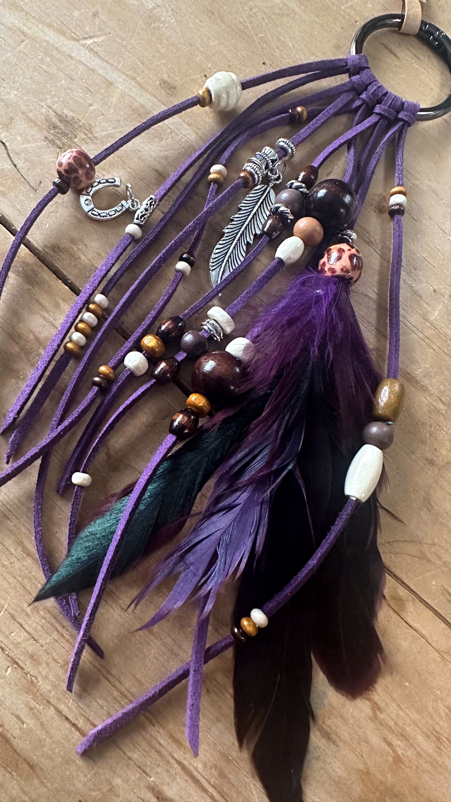 BC0029 Purple feather & bead boho cowgirl loop tassel