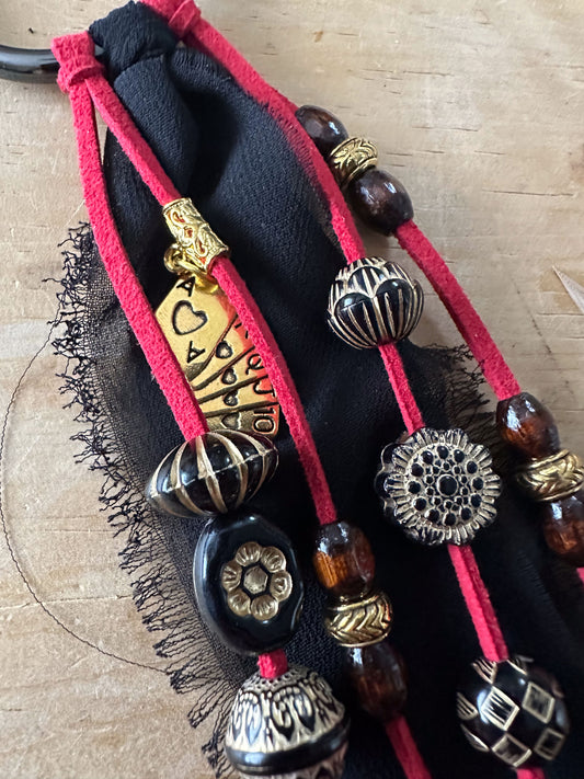 BC0005 Red, black & gold beaded boho cowgirl loop tassel